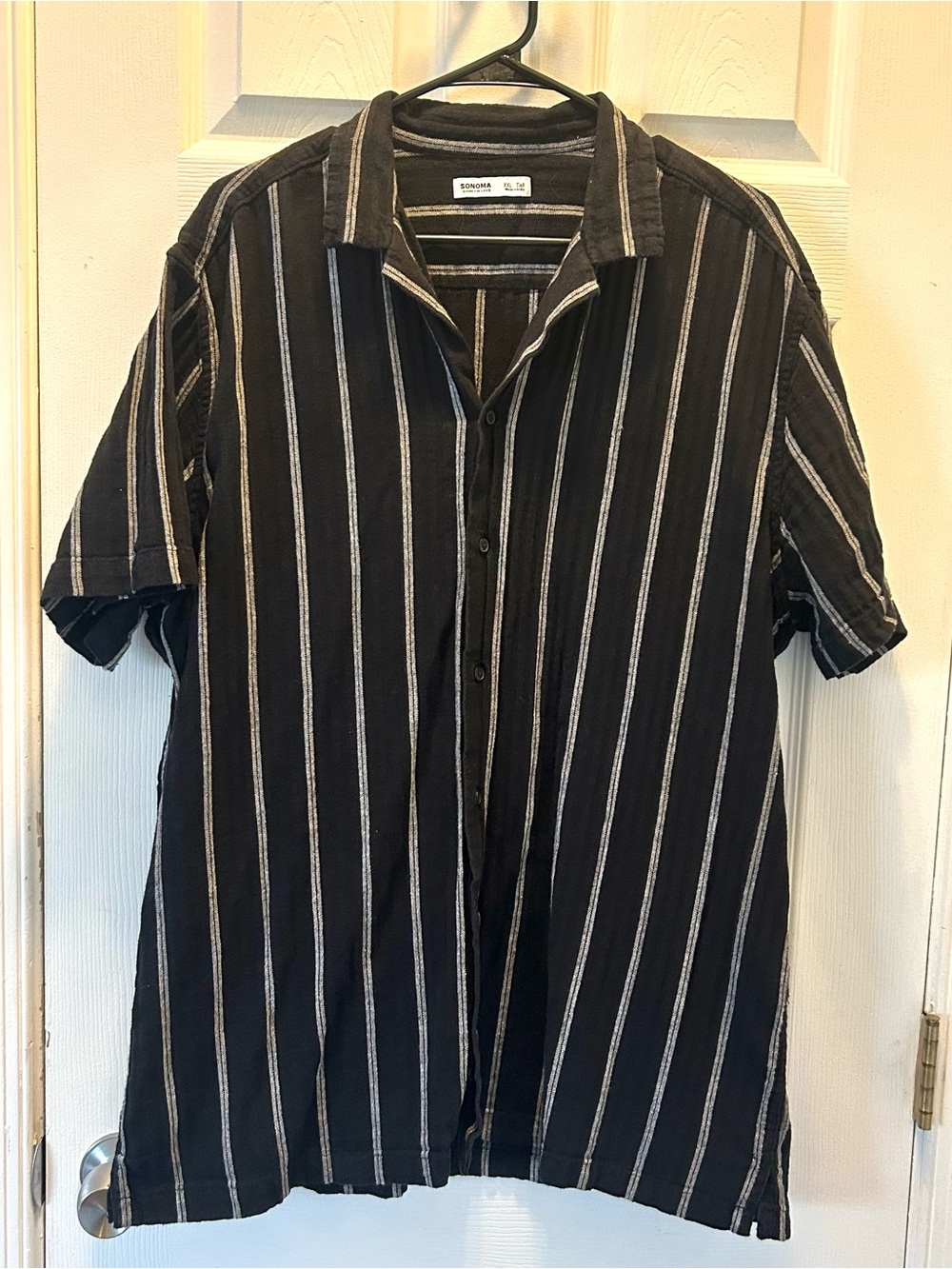 Sonoma Shirt Mens XXL Tall Black White Striped Short Sleeve Cotton Linen Button
